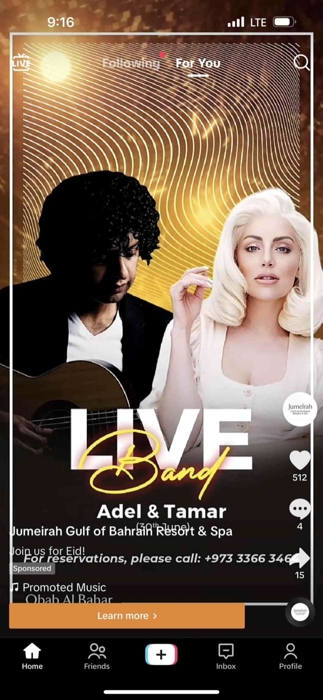 Jumeirah Gulf of Bahrain live band TikTok promotion
